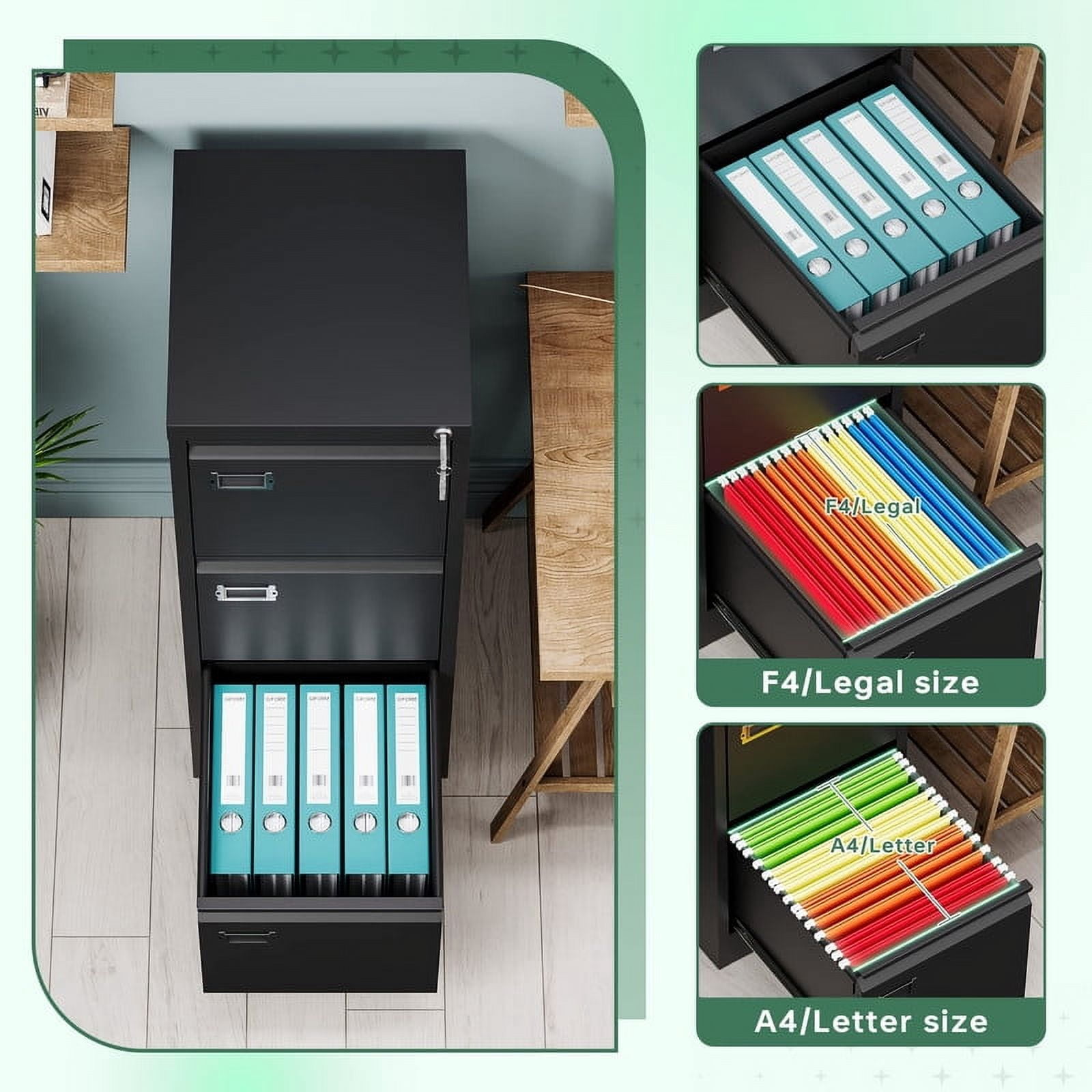 MIIIKO 3 Drawer File Cabinet,Metal Vertical Filing Cabinets with Lock,Storage A4/F4/Letter/Legal for Home Office-Assembly Required(3 Drawer-Black)