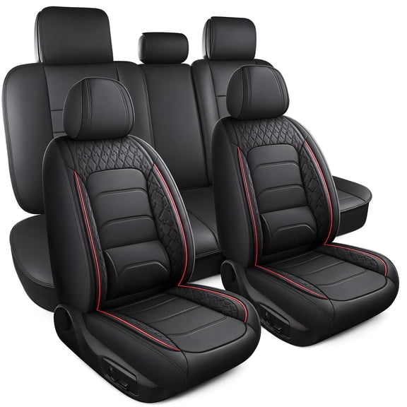 MeiDou Leather Car 5-Seat Full Set Leather Seat Covers,Waterproof Car Seat Protectors for Chevrolet Chevy Traverse 2018-2026(Black & Redline,5 Seats)