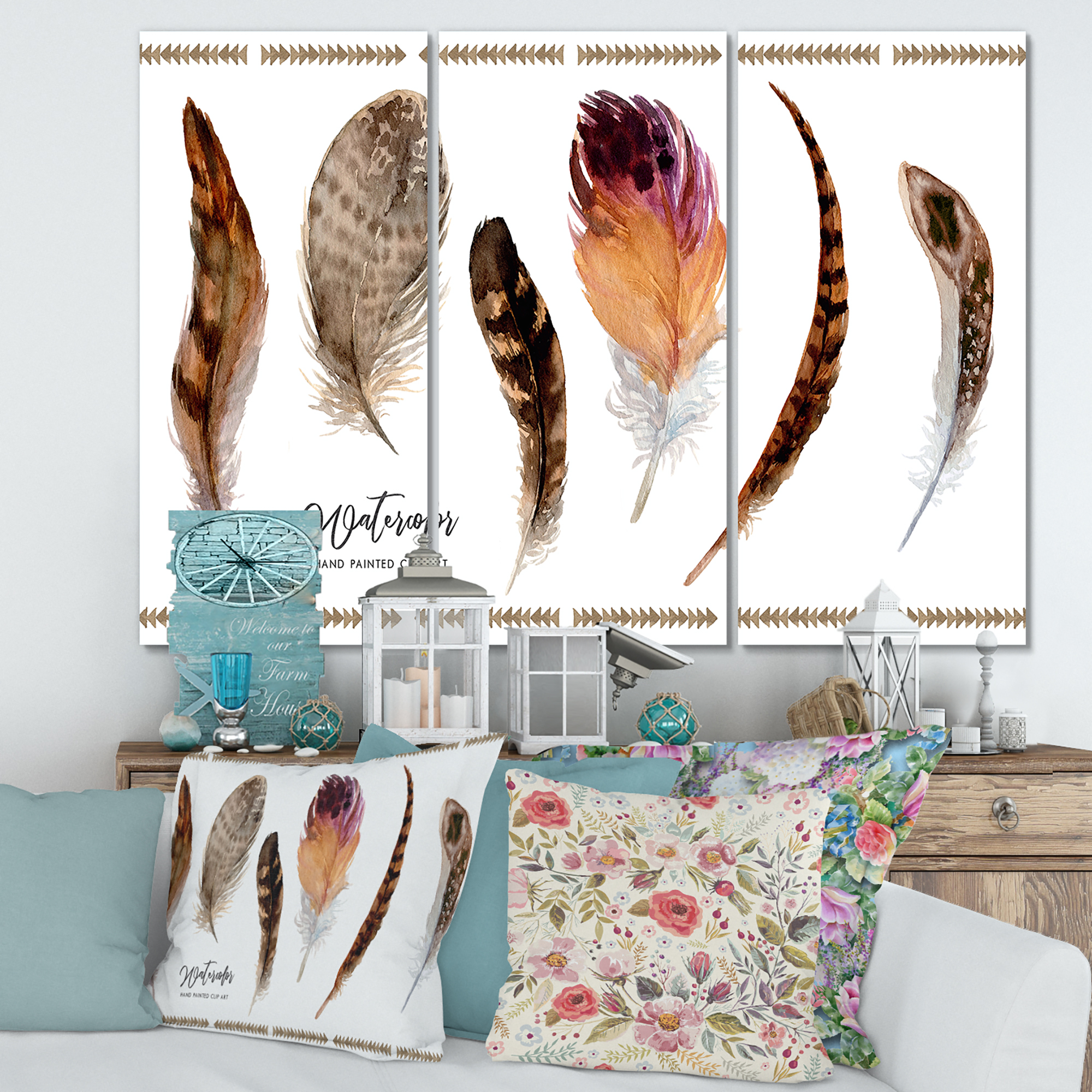 Designart ' Exotic Vibrant Boho Watercolor Feathers ' Bohemian & Eclectic Canvas Wall Art Print