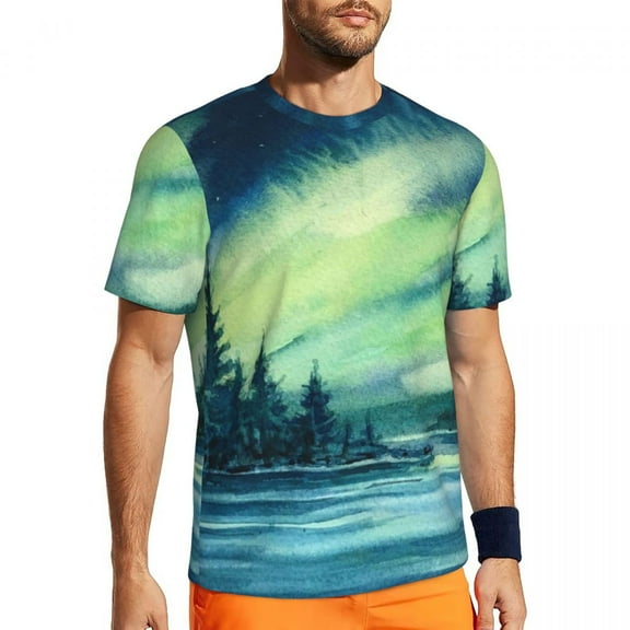 T Shirt For Men Watercolor Sky T-Shirt Lake Northern Lights Harajuku Sportswear Short Sleeve Tops Su