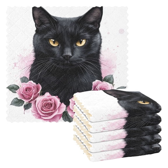 Qxltty Black Cat with Pink Roses Kitchen Towels Set of 6 Ultra Soft Absorbent Quick Drying Dish Cloths 11 x 11in