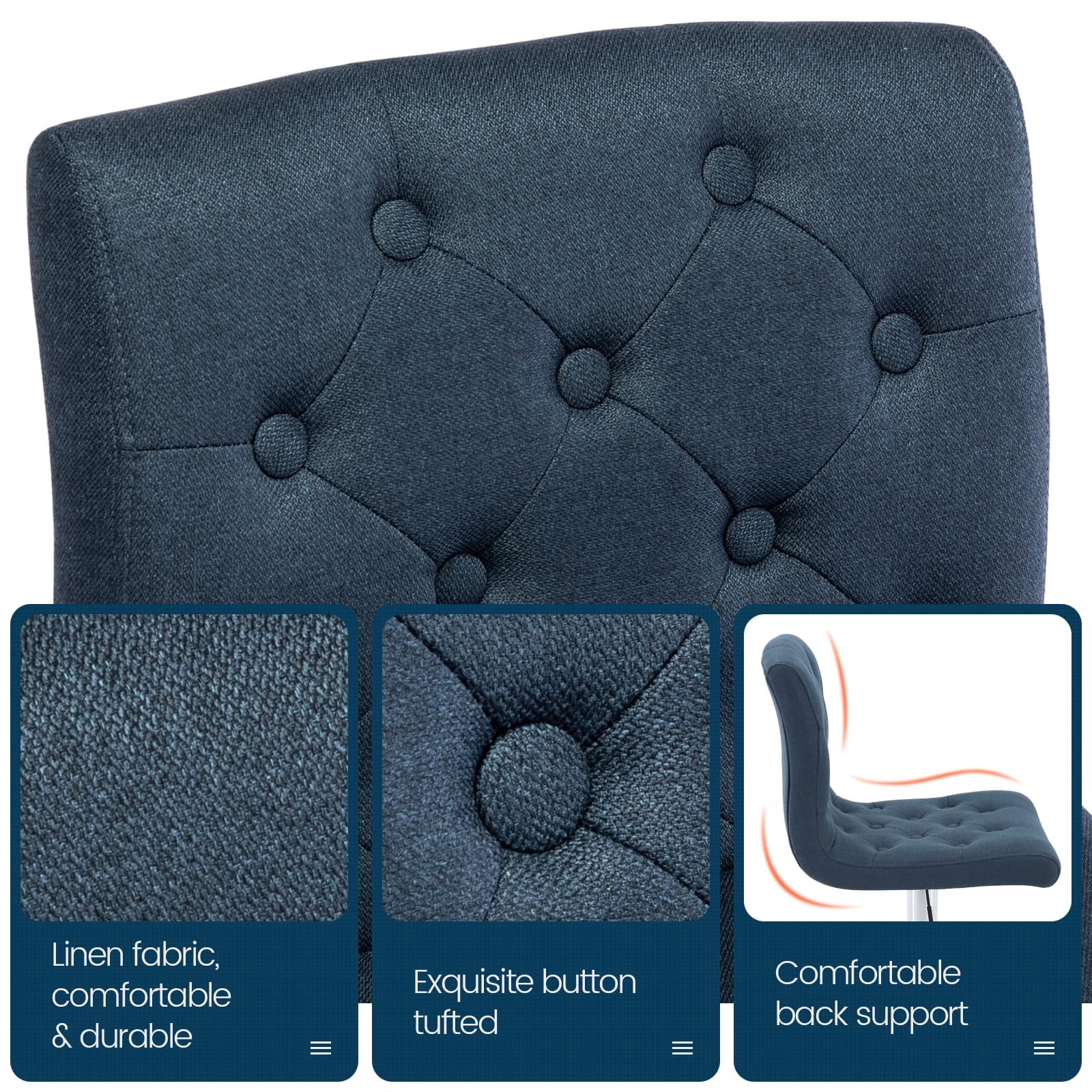 Modern Upholstered Bar Stool with Back Set of 2, Armless 360° Swivel Adjustable Height Linen Padded Bar Chair for Kitchen Island, Dining Room, or Café (Dark Blue)