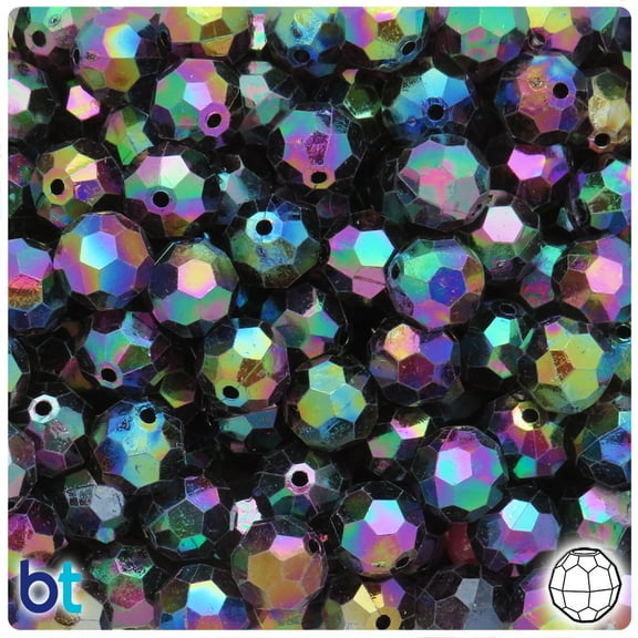 BeadTin Black Opaque AB 12mm Faceted Round Plastic Beads (75pcs)