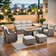 thumbnail image 2 of PARKWELL 8 Pieces Outdoor Patio High Back Furniture Set with Fire Pit Table, Luxury 6" Thick Conversation Set with Swivel Glider Chairs,Wicker Seating Set for Deck, Backyard,Brown/Beige, 2 of 13