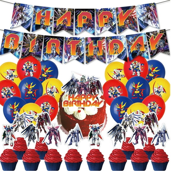 32 PCS For Gundam Cartoon Themed Birthday Party Decoration, Includes Banner, Cake Topper, 12 Cupcake Toppers, and 18 Balloons Party Supplies for Festive Celebrations