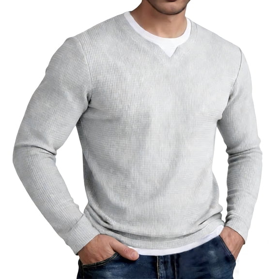 LIaqionyy Mens Long Sleeve Shirt Solid Color Crew Neck Textured Tees Casual Fashion Fall Winter Tops Work Shirts