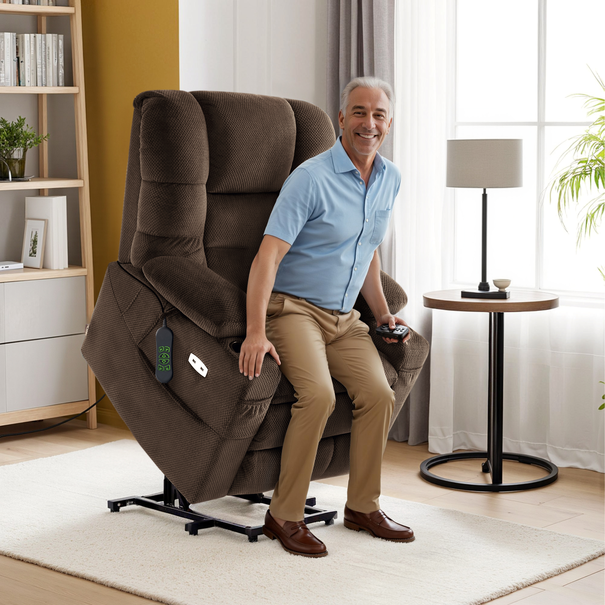 MCombo Triple Motor Power Lift Recliner for Elderly, Sleep Recliner Sofa with Adjustable Headrest, Fabric, Coffee