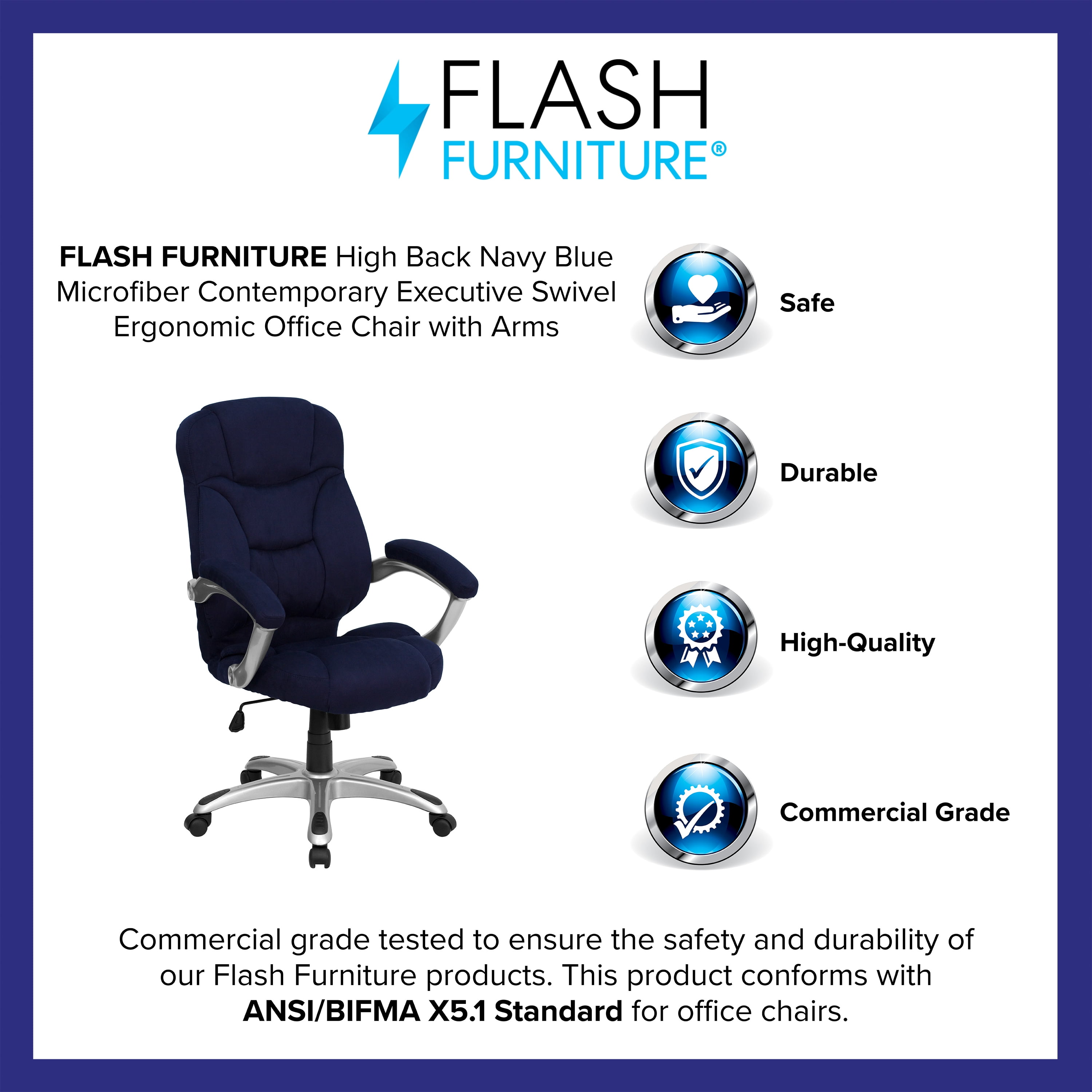 Flash Furniture High Back Navy Blue Microfiber Contemporary Executive Swivel Ergonomic Office Chair with Arms