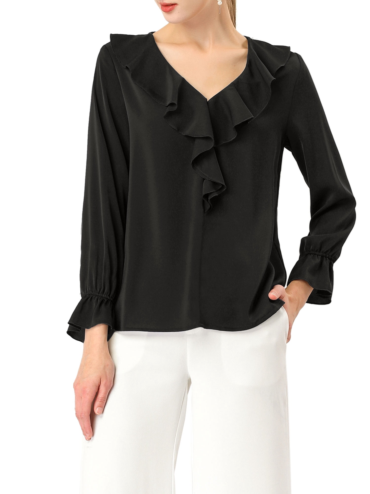 DARING DIVA Women's Ruffle V Neck Chiffon Peasant Blouse S Black