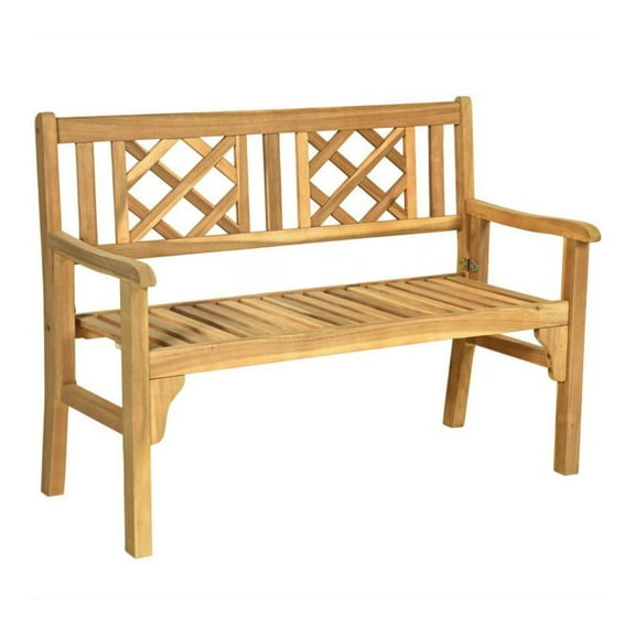 Acacia Wood Patio Bench - Outdoor Bench for 2 People, Teak Finish, Curved Back & Armrests, Folding, Heavy Duty 705lbs Capacity - Garden, Backyard, Deck Furniture