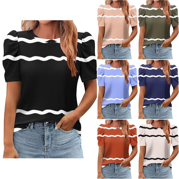 Qetyuw Puff Short Sleeve Shirts for Women Crew Neck Striped Tees Soft Comfy Tshirts Summer Casual Loose Fit Tee Shirt