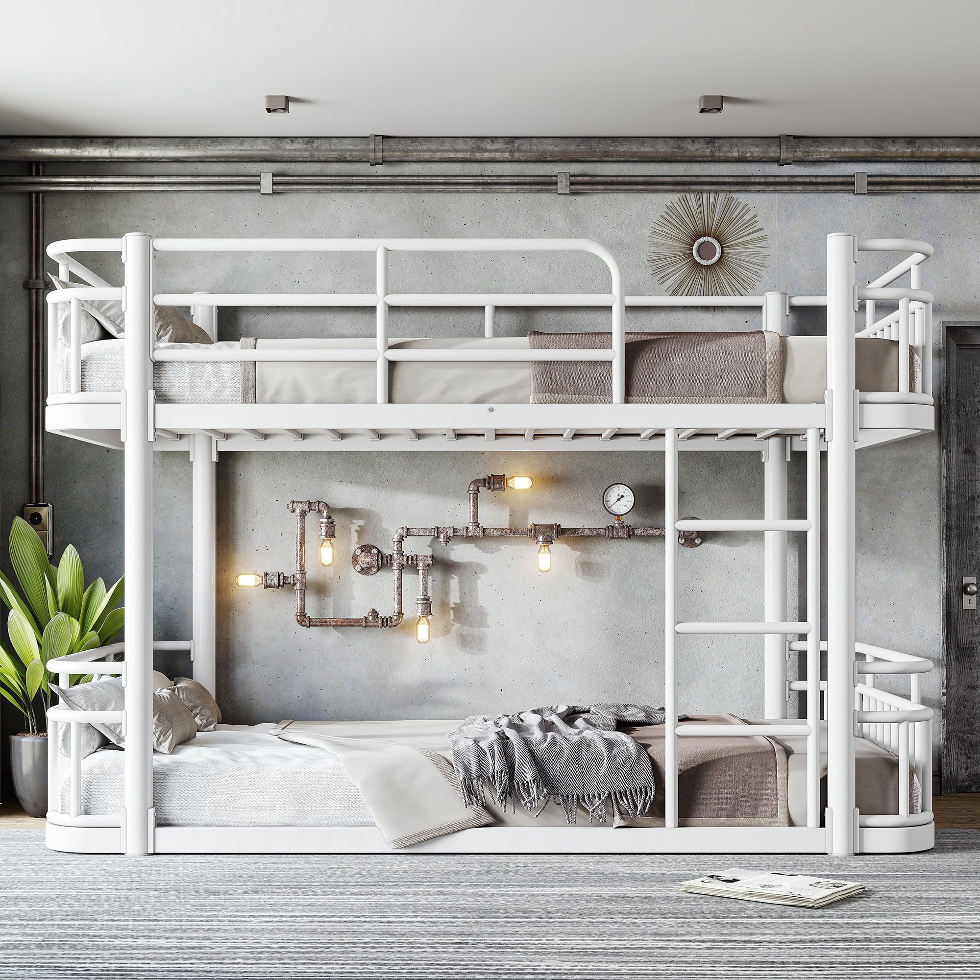 Leumius Twin XL over Twin XL Bunk Bed Frame with Ladders & Guardrails, Upgraded Round-Pipe Metal Frame, Stylish & Versatile for Any Room,White