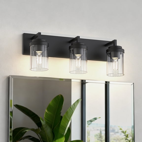 YANSUN Industrial 21.7 in Matte Black 3-Light Bathroom Vanity Light with Clear Cylinder Glass Shades for Bathroom Dress Room E26 Base (Bulbs Not Included)