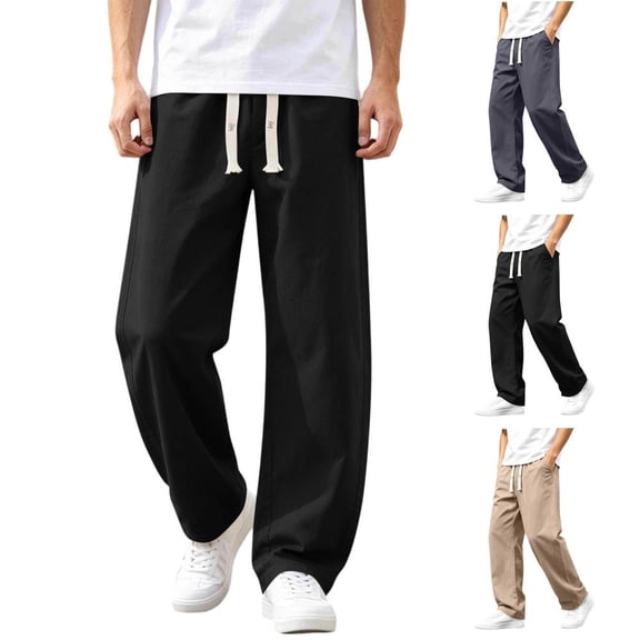 Bxsruta Men's Casual Pants Drawstring Waist Relaxed Fit Straight Leg Everyday Trousers