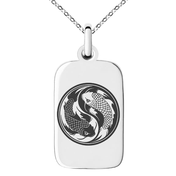 Stainless Steel Koi Fish Yin Yang Engraved Small Rectangle Dog Tag Charm Pendant Necklace
