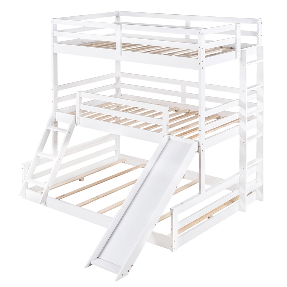 Kadyn Twin over Twin over Full Triple Bunk Bed with Convertible Ladder and Slide,White