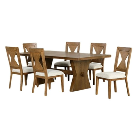 Zivy 7pc Dining Table Set, Modern Farmhouse Oak Brown, 6 Fabric Chairs