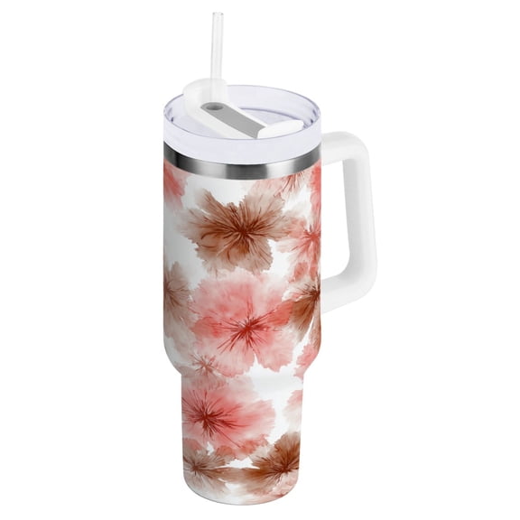 40 oz Insulated Stainless Steel Tumbler Double Wall Stainless Steel Tumbler with 2-Way Drinking Pink and Brown Tie-dye Flowers