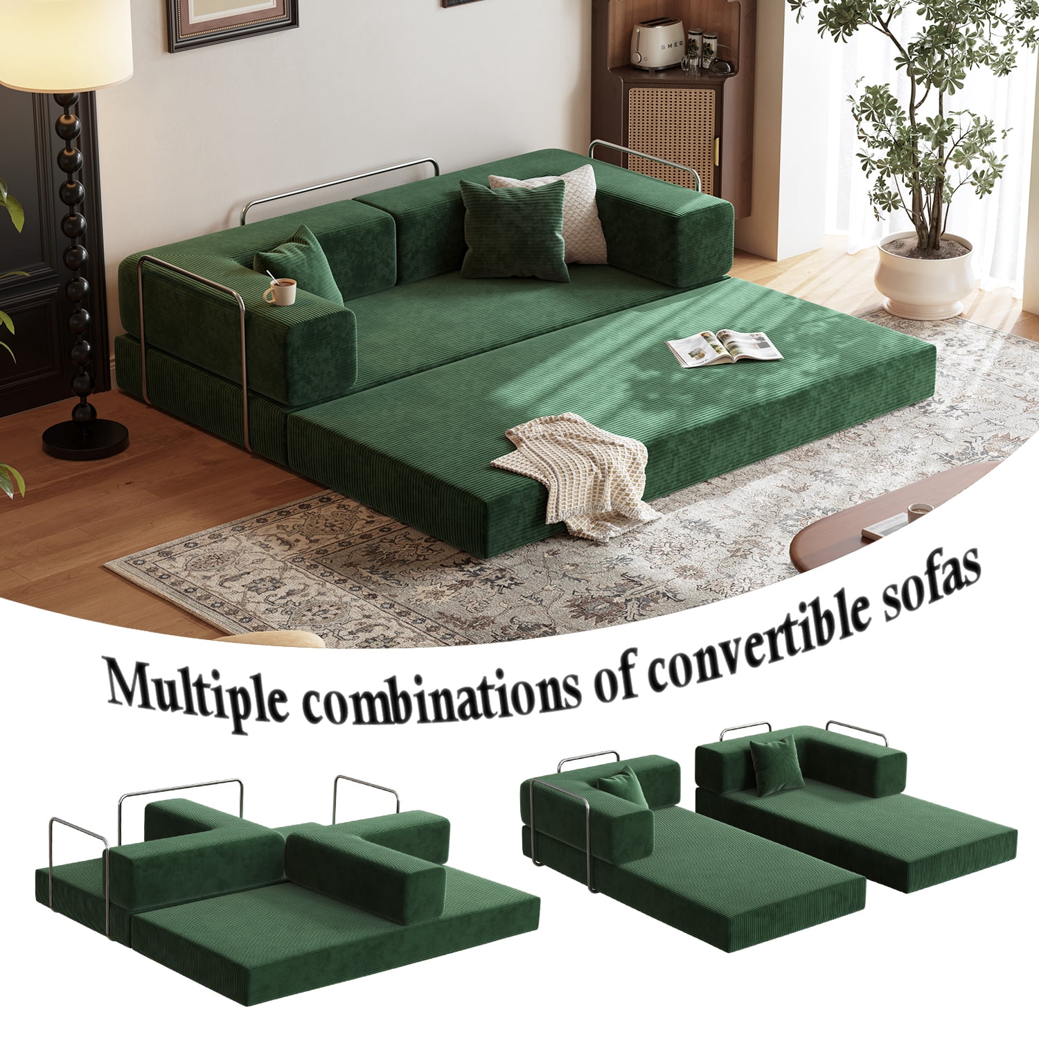 Lodeija 80.3" 5-in-1 Convertible Futon Sofa Bed, Green Corduroy Tatami Sleeper Couch for Small Spaces, 2 Pillows