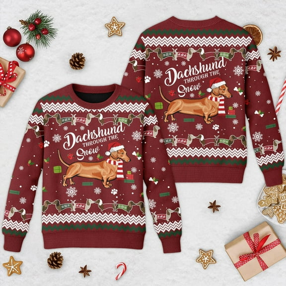 Through The Snow 3D All Over T-shirt, Dog Santa Dachshund Ugly Christmas Sweater, Xmas Sweatshirt, Christmas Gift For Men Women Kid
