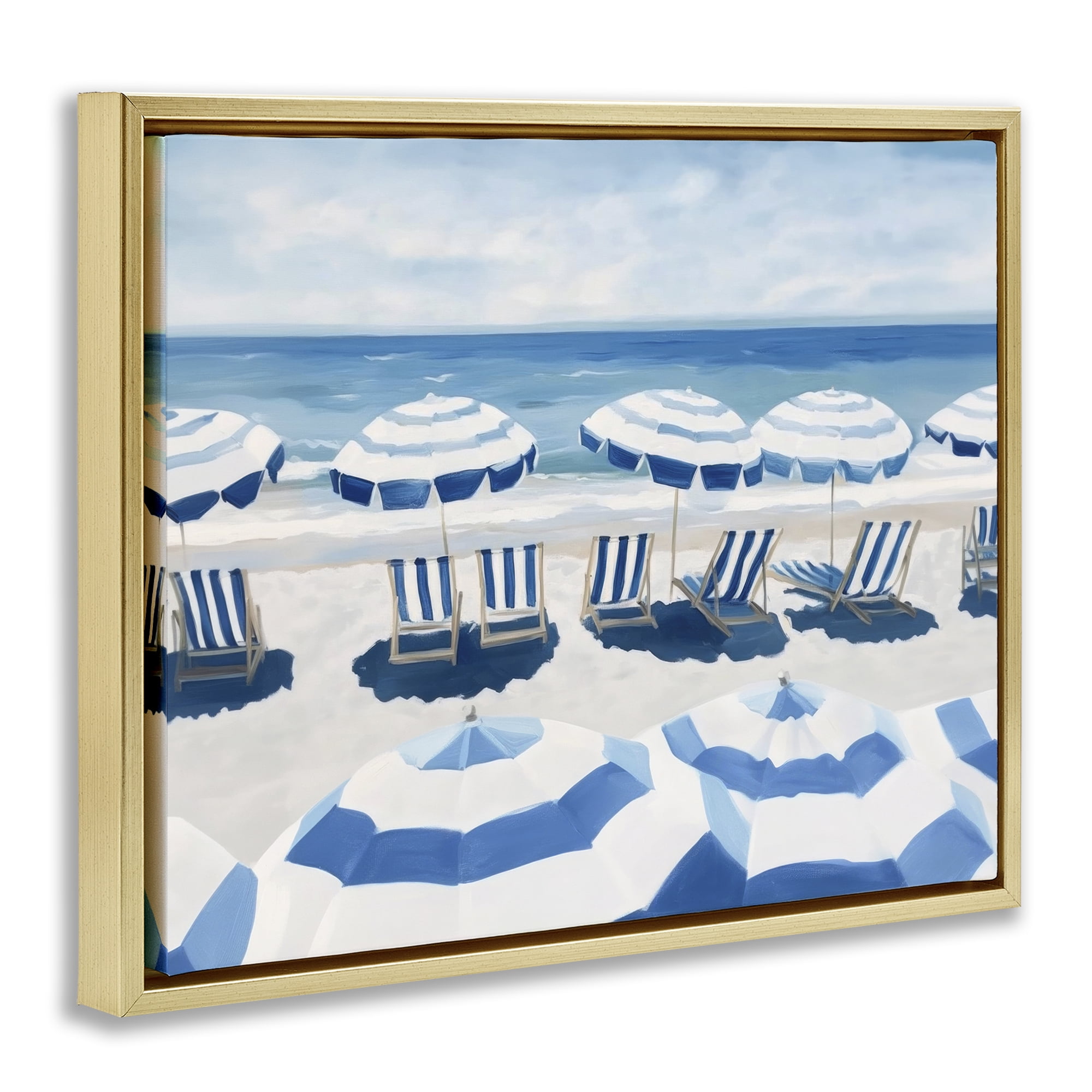 Stupell Industries Beach Nice Blue Striped Umbrellas Gold Framed Floater Canvas Wall Art, design by Sisi and Seb