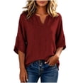 thumbnail image 4 of MaFYtyTPR Women's V-Neck Linen Top 3/4 Sleeve Collarless Casual Blouse Solid Loose Fit Three-Quarter Sleeve T-shirt for Daily Wear A-Wine M, 4 of 6