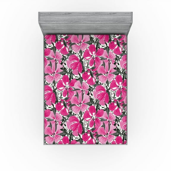 Ambesonne Floral Design Fitted Sheet, Springtime Hibiscus, California King, Pastel Pink Hot Pink