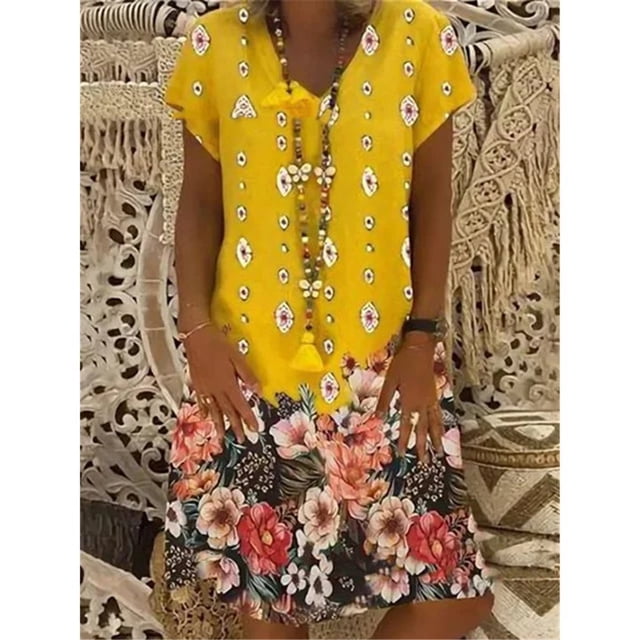 BJYX Robe Femmes Boho Grande Taille en Vrac Floral Vintage Midi Robes Été Plage V Cou Manches Courtes Robe de Soleil