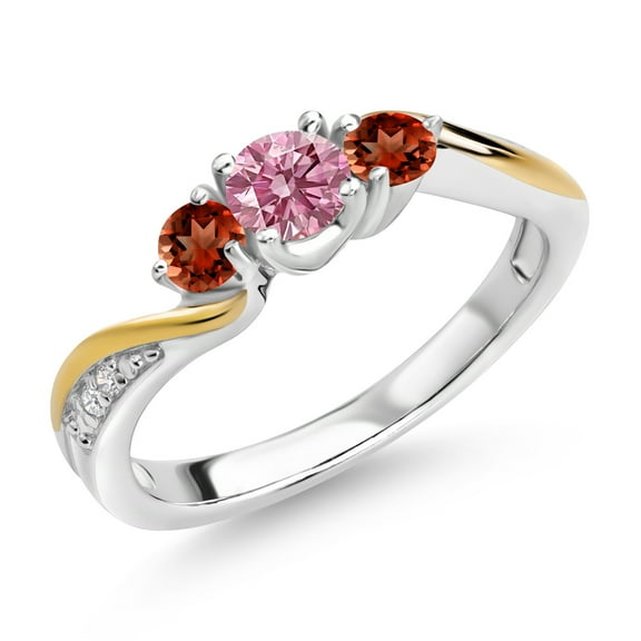 Gem Stone King 925 Silver and 10K Yellow Gold Pink and White Lab Grown Diamond Red Garnet 3 Stone Engagement Ring for Women (0.58 Cttw, April Birthstone, Size 7)