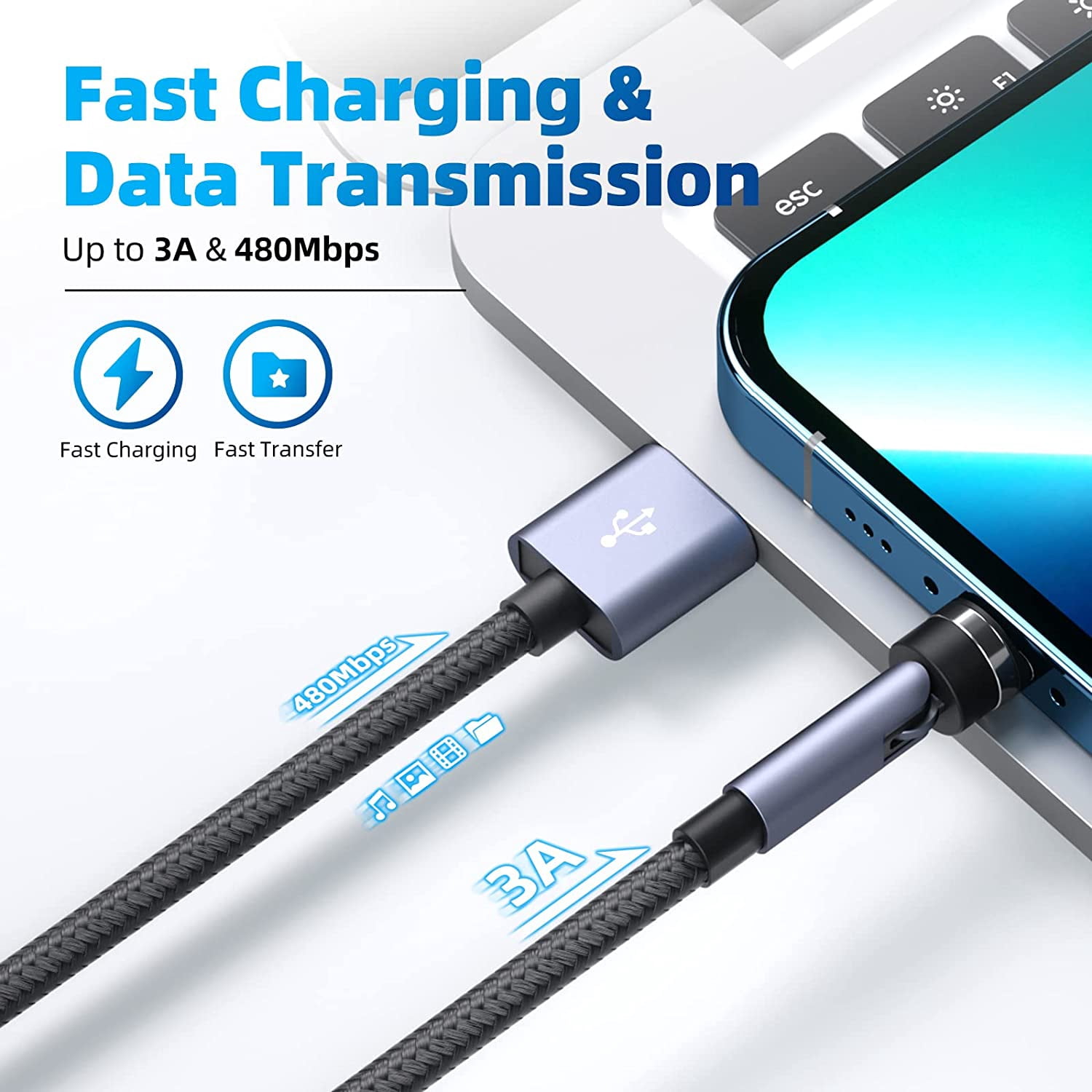 540 ° rotation magnetic charging cable, 3A fast charging magnetic phone charger [3-pack 10ft] 3 in 1 magnetic USB cable support data transfer magnet charger cable for iProduct/Micro USB/Type C device