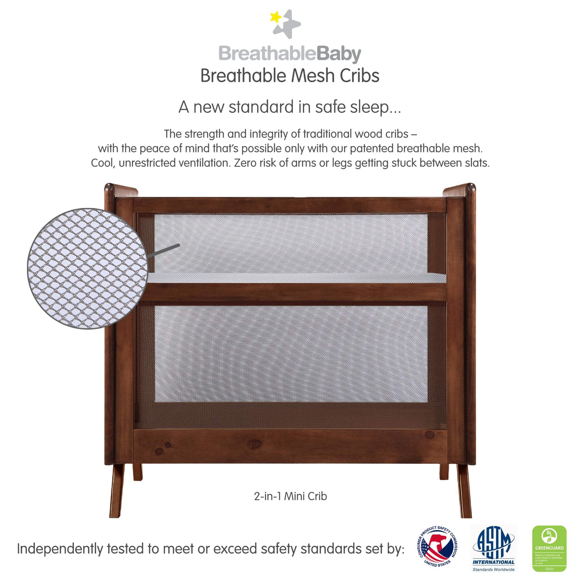 BreathableBaby 2-in-1 Breathable Mesh Mini Crib with Mattress, Walnut, Greenguard Gold Certified