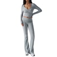 thumbnail image 3 of Conjunto Deportivo de 2 Piezas para Mujer, Camiseta de Larga, Pantalones Acampanados con Solapa, Chándal Informal, Gris, Talla S, 3 of 8
