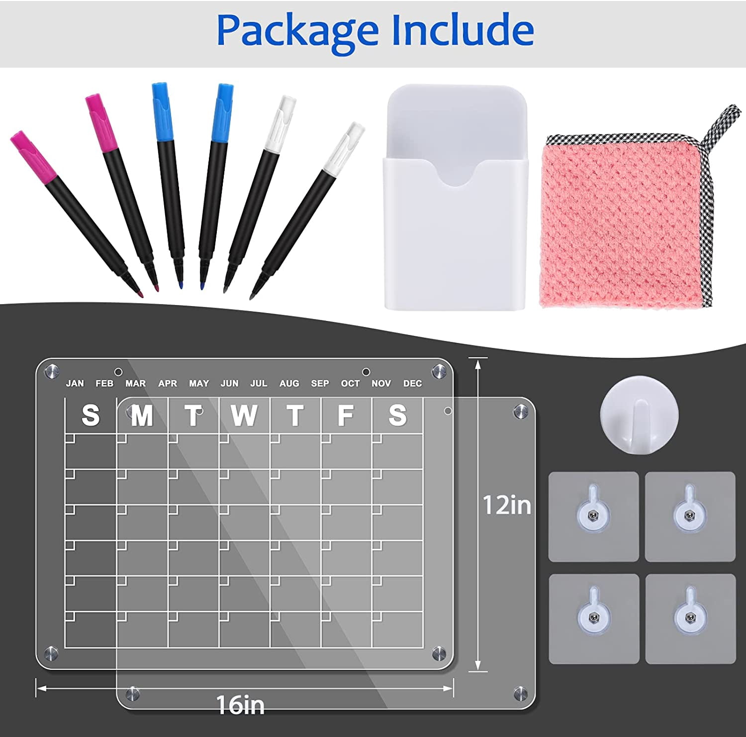 Monthly Planner plus Memo Dry Erase Board Acrylic, Magnetic with 6 Pens