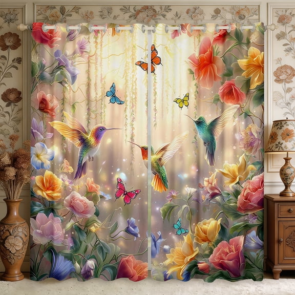 Manfei Flowers Hummingbird Blackout Curtains,Spring Garden Window Curtains Pack of 2 (38x45 Each)