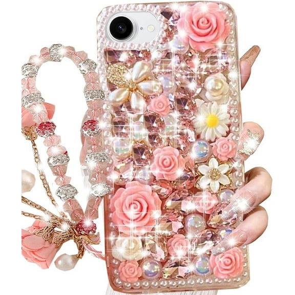 for iPhone 16e Glitter Bling Case,Cute Girly Luxury 3D Sparkle Crystal Rhinestones Flowers Diamond Pearl Gems with Lanyard Wrist Strap Women Girls Phone Case for iPhone 16e 6.1" 2025 (Pink)