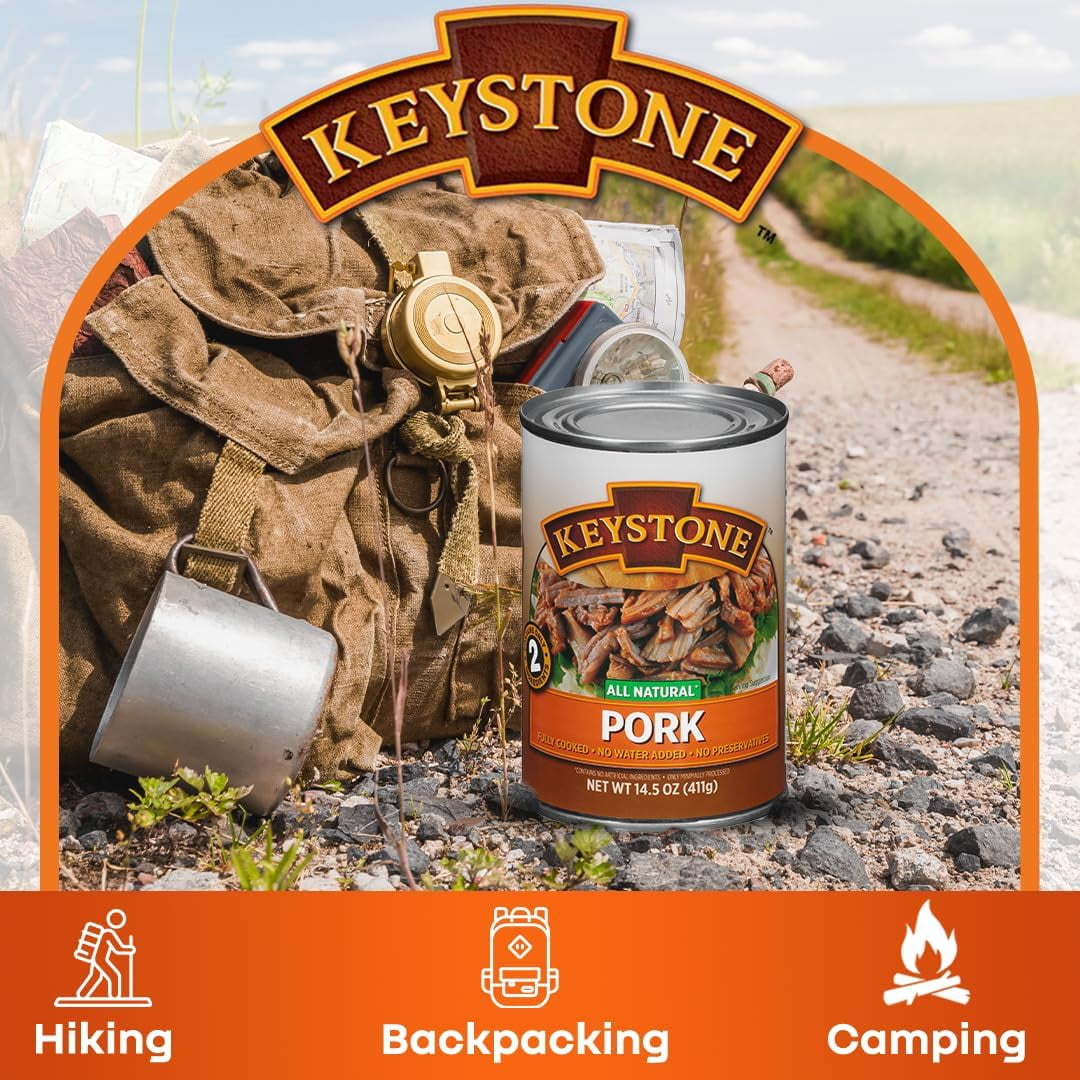 Keystone All Natural Canned Pork, 14.5 oz (12 Pack)– Fully Cooked, Ready to Eat, Gluten Free Survival Food | Emergency Prepper Pantry Staple | Long-Term Storage Meat for Camping, Hiking & Backpacking