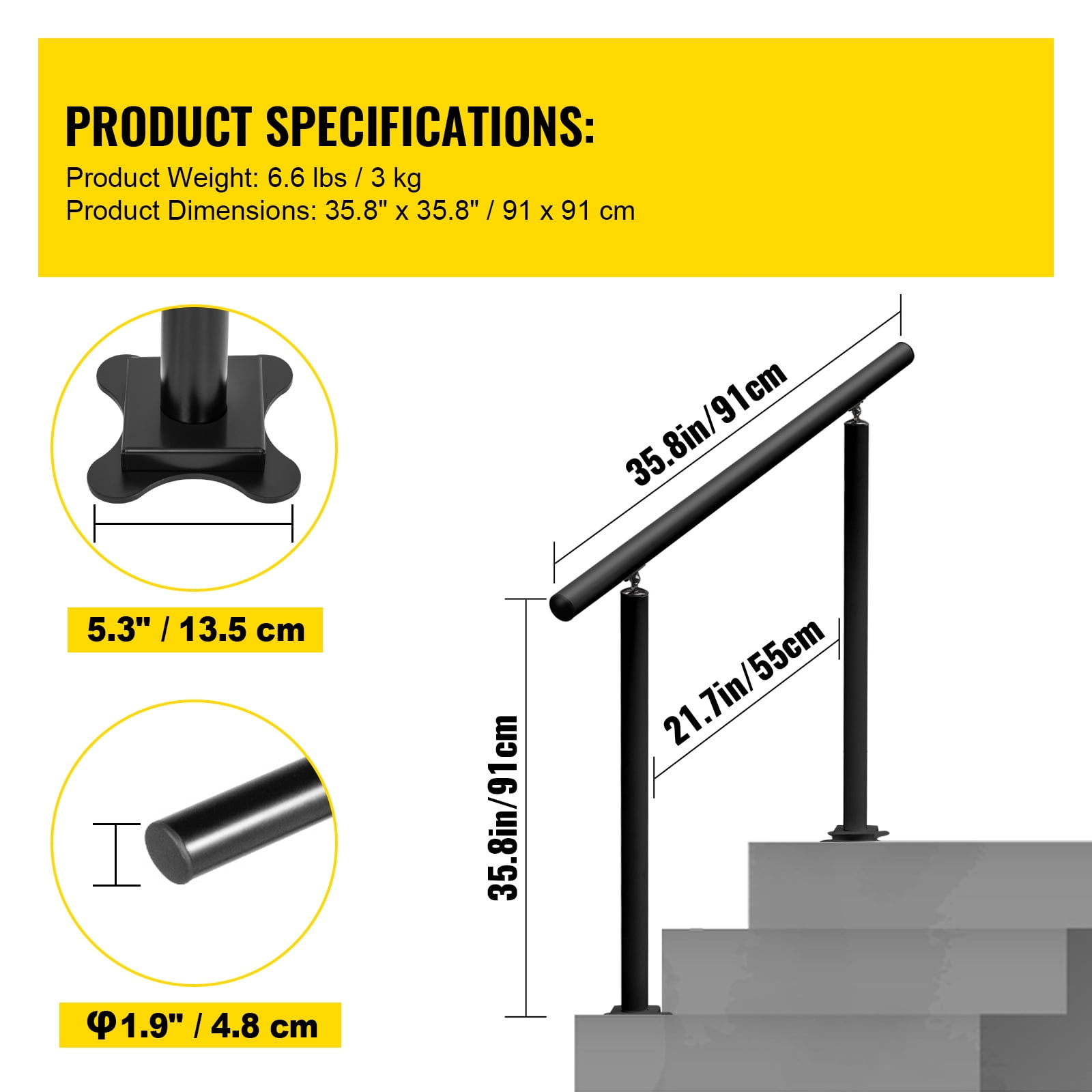 KFFKFF Aluminum Stair Railing Kit 3 Steps Handrail Flexible Outdoor Deck Hand Rail Black