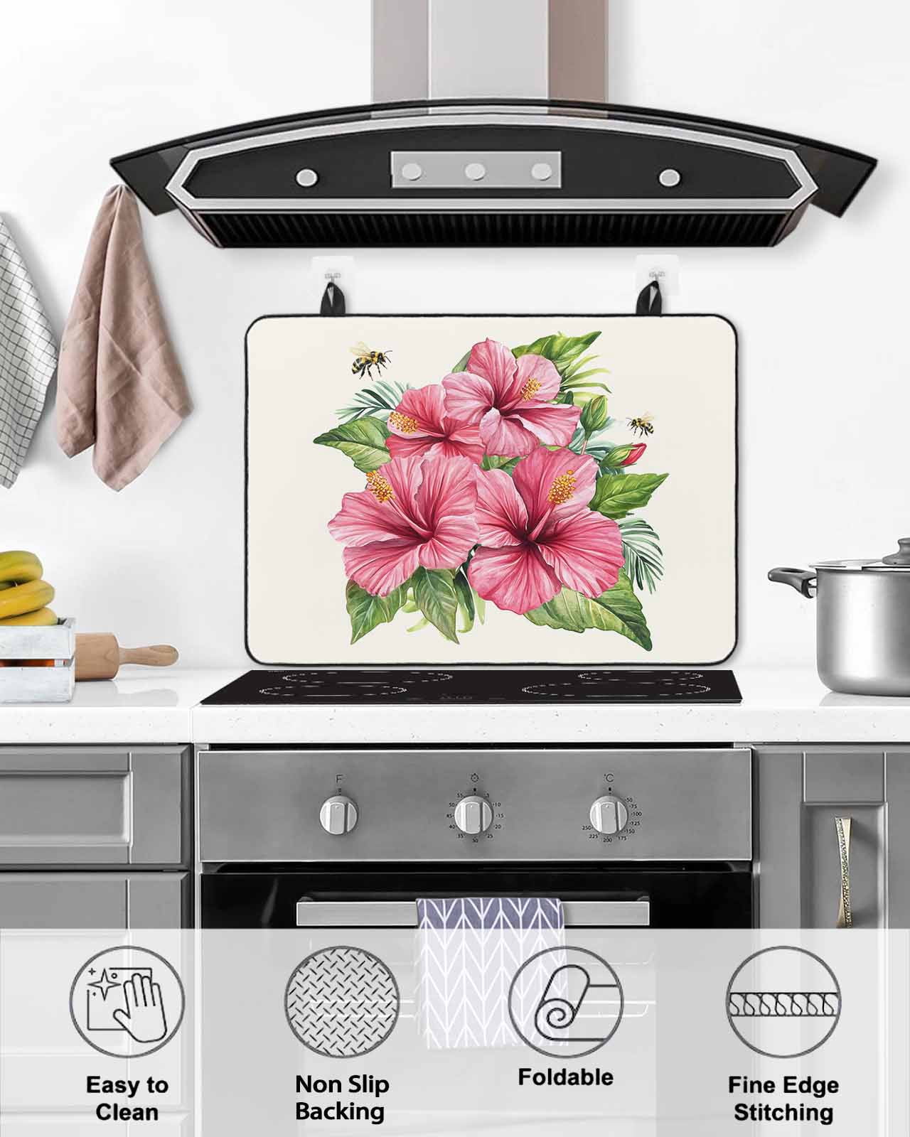 nqOlkjepod Large Induction Cooktop Protector Mat 24"x21", Summer Red Flower Stove Top Covers for Electric Stove, Green Leaves Country Floral Pastoral Stove Burner Cover Mats, Glass Top Stove Cover