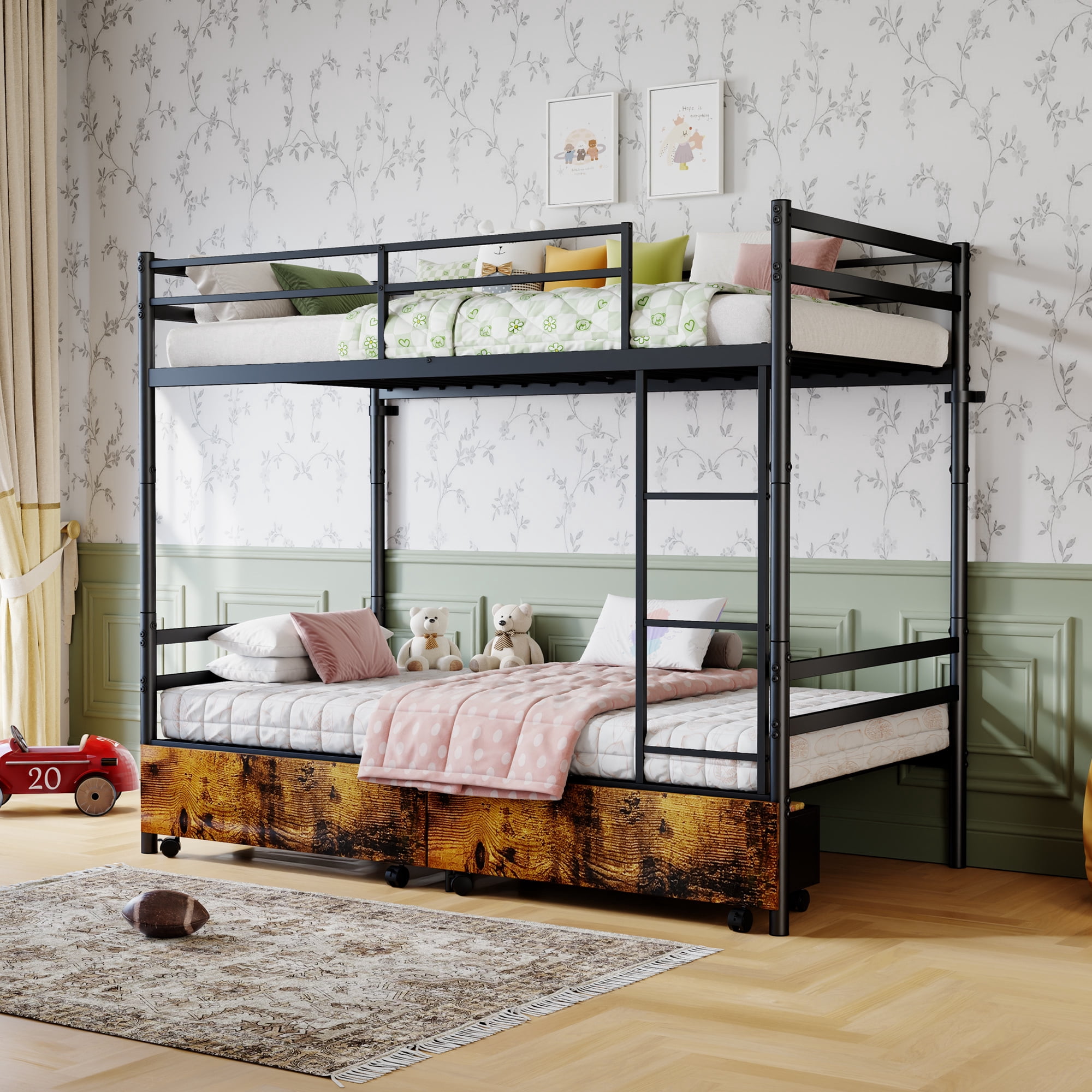 Leumius Twin Over Twin Metal Bunk Bed Frame with 2 Storage Drawers on Wheels, Heavy Duty Bunk Bed with Full-Length Guardrail & Side Ladder, No Box Spring Needed,Black