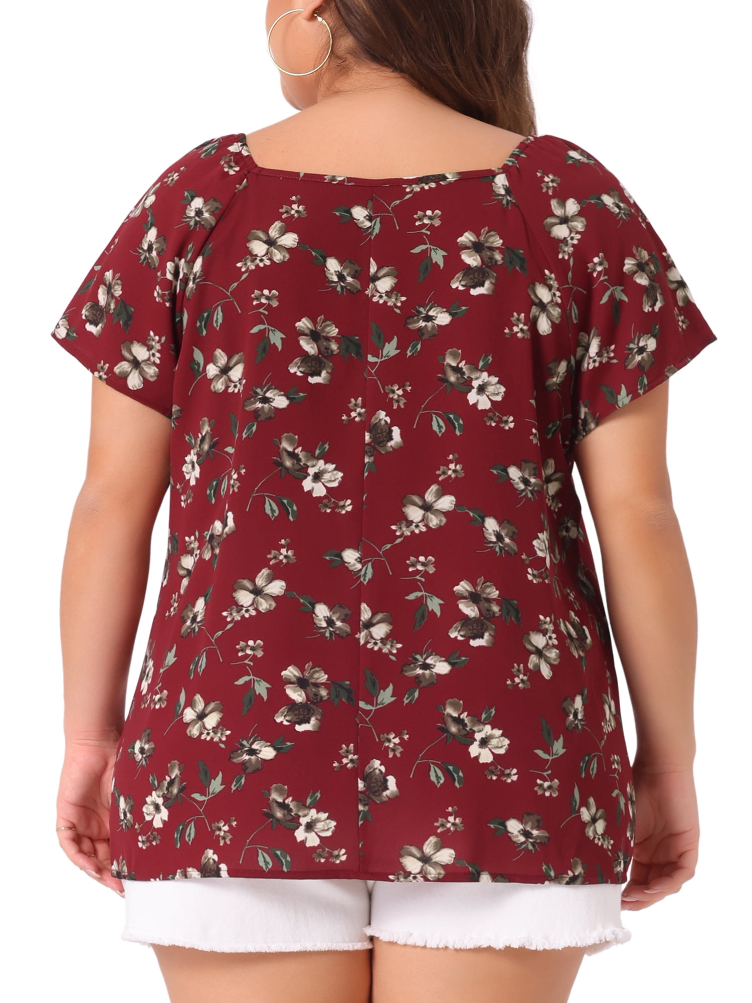 DARING DIVA Women's Plus Short Sleeve Tie Neck Floral Casual Blouse 3X Burgundy