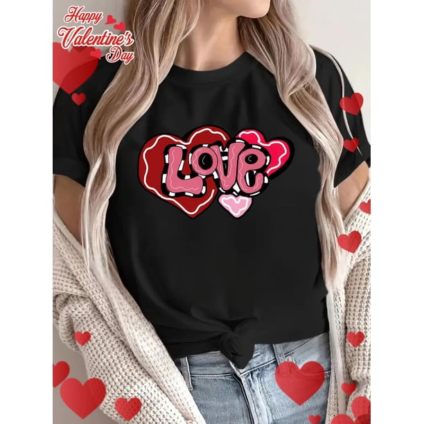 Valentine's Day Love Heart Print Casual - Women's Crew Neck Short Sleeve T-Shirt, Breathable 100% Cotton, Machine Washable Tee For Adult, Men, Women, Teen, Teenager, Adolescent, Youth