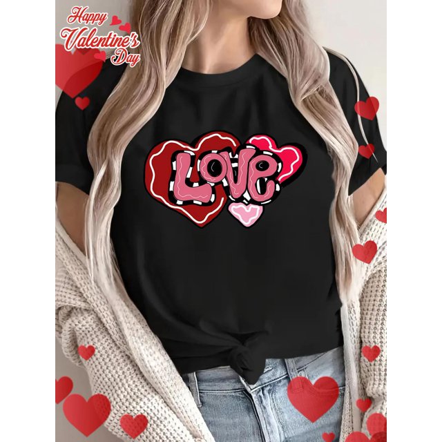 Camiseta informal de manga corta con estampado de corazones de San Valentín para mujer, cuello redondo, transpirable, 100 % algodón, lavable a máquina. Para adultos, hombres, mujeres, adolescentes, jó