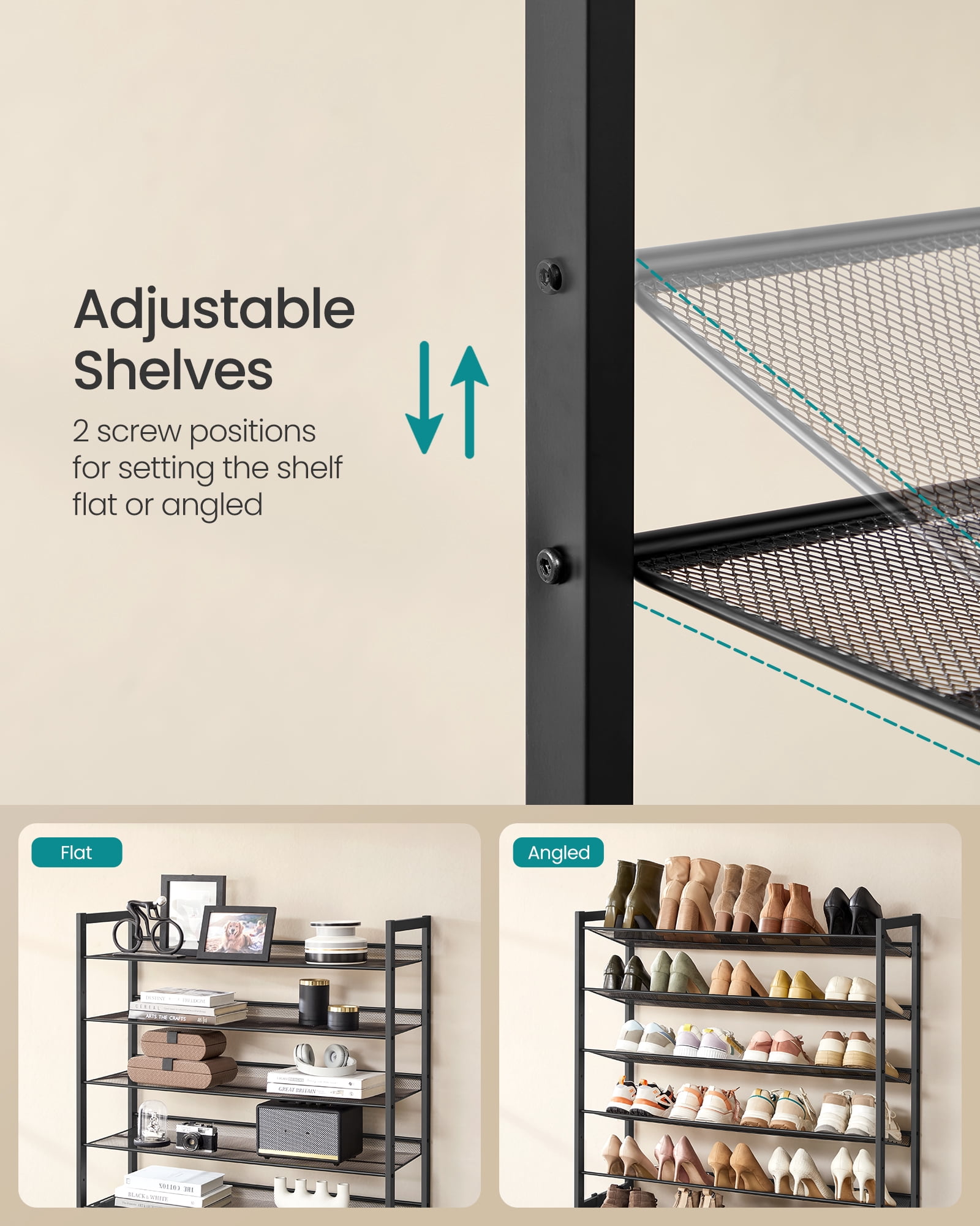 10-Tier Metal Shoe Rack, Stackable Shoe Shelf Organizer with Adjustable Flat/Angled Shelves, Holds 40-50 Pairs, Black