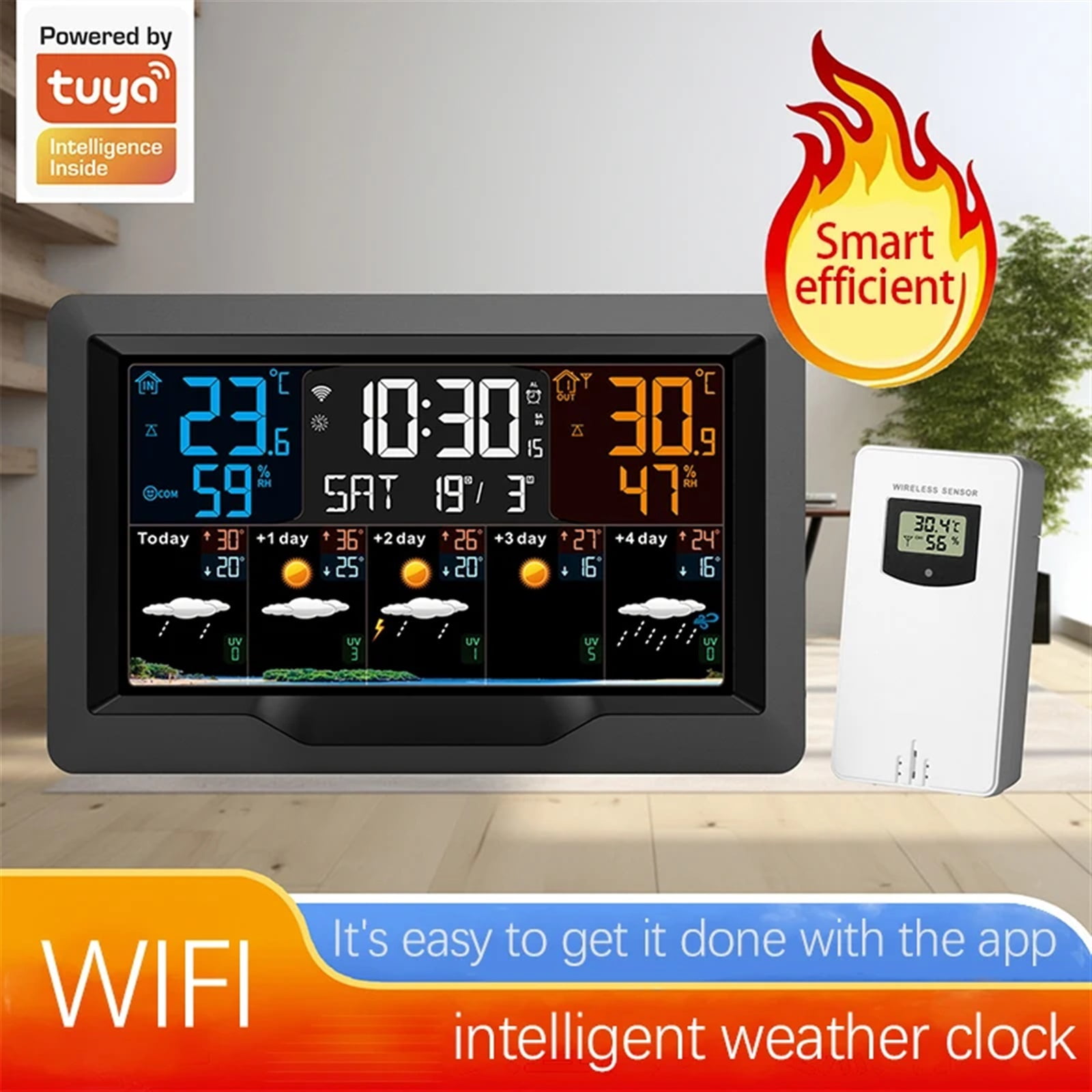 Smart Weather Station Indoor Outdoor Temperature Humidity Meter Weather Forecast Large Color Screen Weather Clock