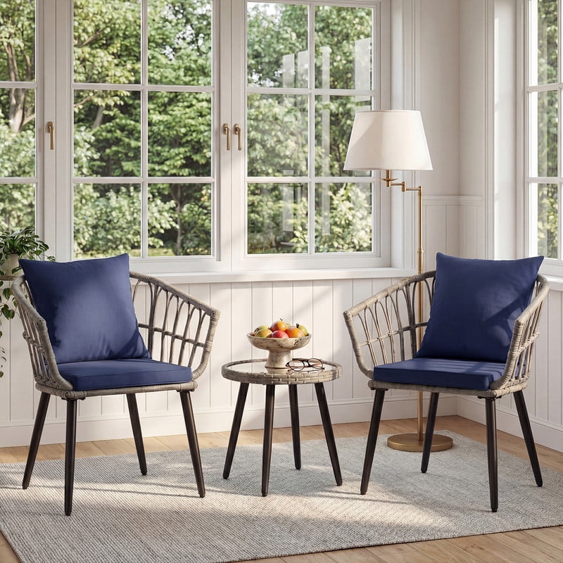 Gianna 3 Piece Outdoor Patio Furniture Set, Wicker Bistro Chairs with Glass Top Table for Apartment Balcony, Small Backyard, Porch and Deck, Gray