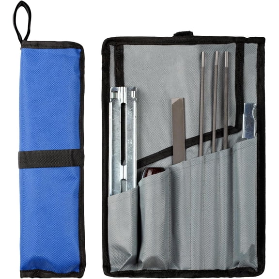 Chainsaw Sharpening File Kit, Chainsaw Chain Sharpener - 8 Packs - 3 Round Files(5/32-Inch, 3/16-Inch, 7/32-Inch), Flat File, Depth Gauge Tool, Filing Guide, Wood Handle, Travel Pouch