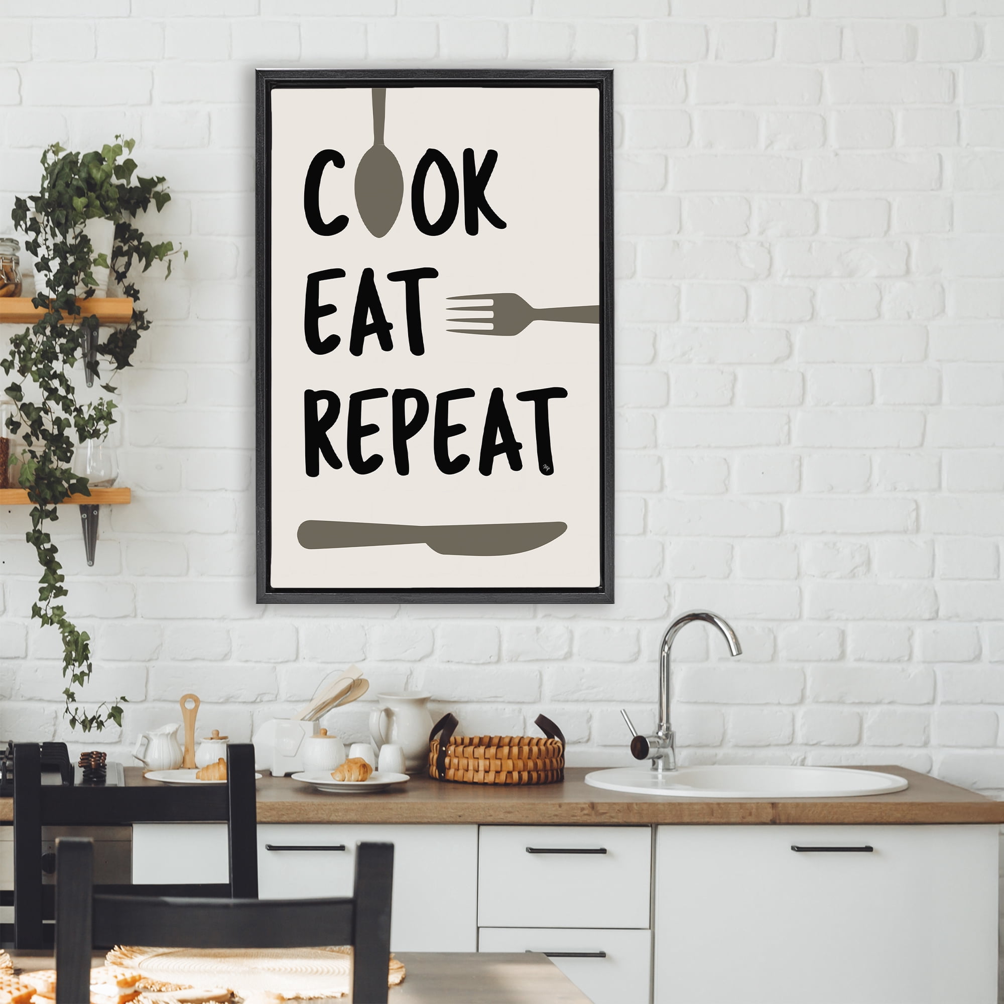 Stupell Industries Cook Eat Repeat with Utensils Black Framed Floater Canvas Wall Art, design by Martina Pavlova