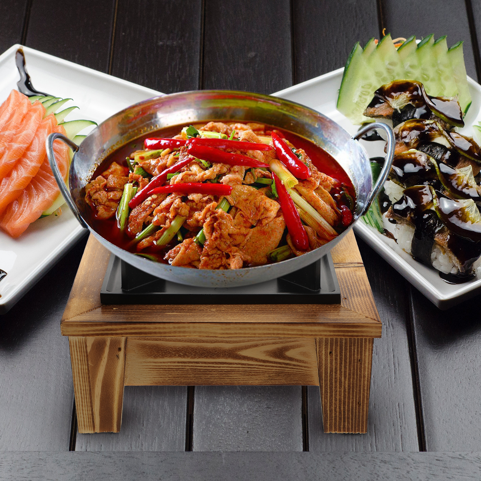 Masteelf Practical Black Synthetic Cooking Alcohol Stove for Kitchen Use with Pine Wood Frame and Design