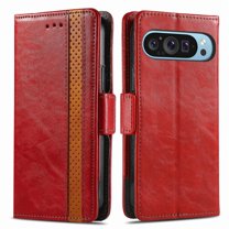 For Google Pixel 9 Pro XL Leather Phone Case Wallet Folio Flip Cover Casual Business, [RFID Blocking] Multi Hidden Anti-theft Card Holder Cash Slot, Side Magnetic Buckle, Stand Support,Red