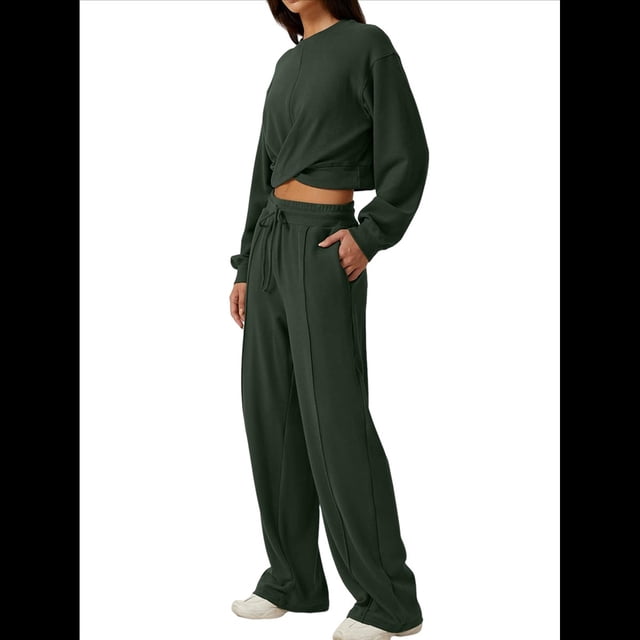 Conjunto de Chándal de 2 Piezas para Mujer: Sudadera Corta con Parte Delantera y Pantalón Deportivo de Pierna . Conjunto de Estar por Casa. Verde Oliva L